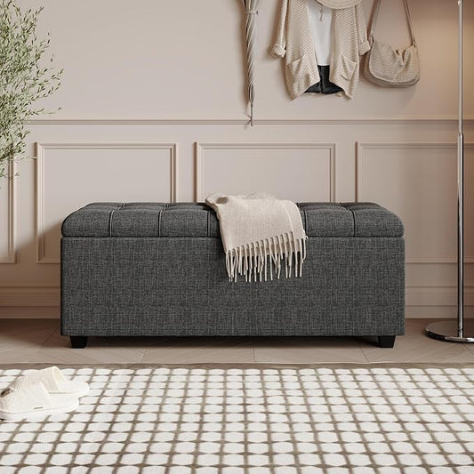 38" Dark Grey Fabric Storage Ottoman Bench with Hinged Lid | Solid wood frame bench, 4-leg easy assembly. Use as end-of-bed, footrest, entryway seat. Hinged hidden storage, multi-use.