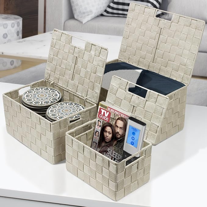 Sorbus Set of 3 Storage Baskets for Organizing with Lid – Mesh Hand-Woven Baskets for Closet, Shelf & Home Storage (Beige, Variety Pack)