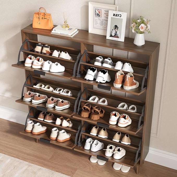 BORNOON Shoe Cabinet for Entryway with 6 Flip Drawers, Slim Wooden Shoe Storage Organizer with Modern Fluted Pannel，Freestanding Narrow Hidden Shoe Rack for Hallway, Foyer, Living Room