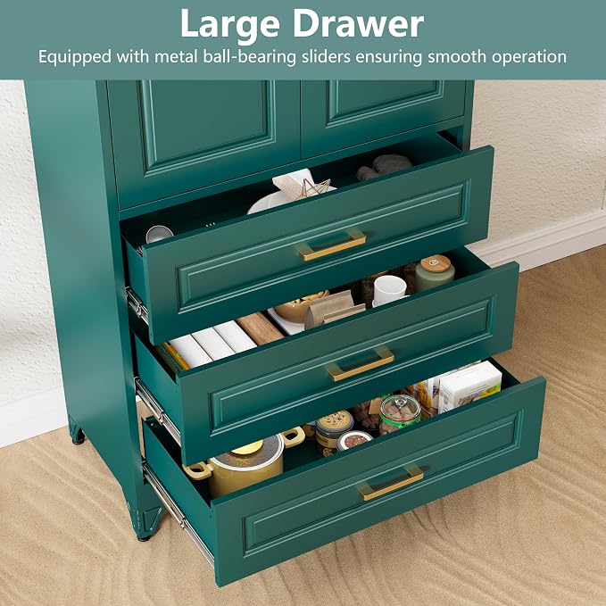 Polup 75" Metal Storage Cabinet, Kitchen Pantry Cabinet with 3 Drawers | Heavy-Duty Green Tall Cabint with 2 Doors and 3 Adjustable Shelves, Magnetic Latch, Gold Handles, for Dining Living Room