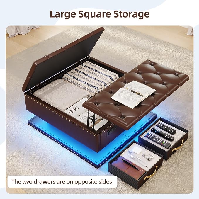Large Square Ottoman with Storage, Square Storage Ottoman Coffee Table | Coffee Table Storage Ottoman Bench with Lift Top and Two Tier Drawers, LED Ottoman Bench with Charging Station, Brown