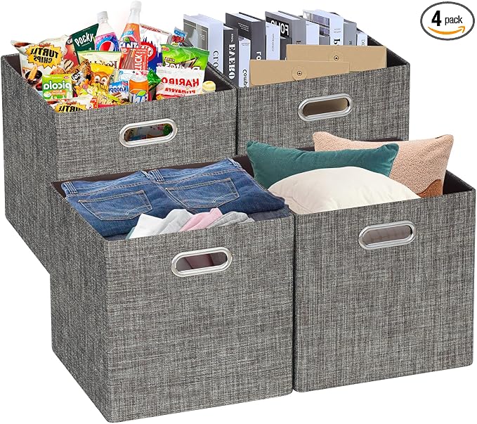 Posprica Storage Basket Bins,13×13 Foldable Storage Boxes Containers for Closet Organizer Shelf Cabinet Bookcase,Thick Fabric Drawer with Shimmer,4pcs,Brown