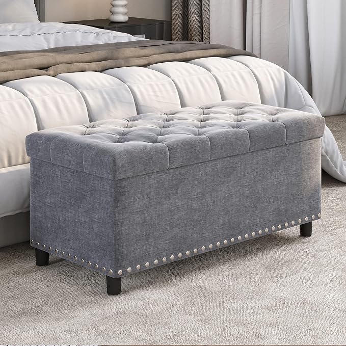 BELLEZE Storage Ottoman, Tufted Ottoman with Close Hinge, Foot Rest for Living Room (Gray, 31 inch)