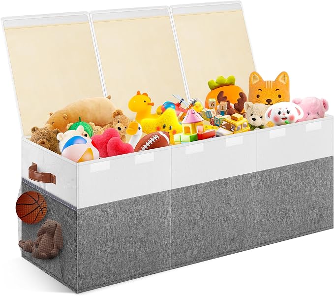 Extra Large Toy Box, Collapsible Toy Storage Chest with Lids, 40"X14"X16" | Sturdy Storage Organizer Bin with Divider for Kids, Boys, Girls, Playroom Bedroom Nursery Organization, White & Gray