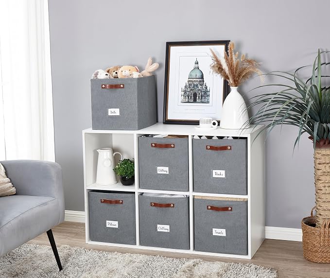 DECOMOMO Storage Bins, Cube Storage Bin with Labels | 13" x 13" x 13" Fabric Storage Cubes for Shelves (6pcs, Texture Grey)