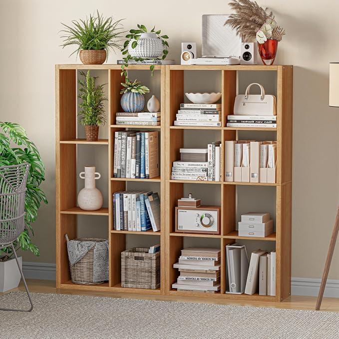 VDNEND Cube Storage Organizer Bookcase, Decorative 11 inch Open Back Cubical Shelf with Thickened Border, Display Bookshelf for Living Room, Home Office, Sturdy Room (Natural Oak, 7 Cube,Standard)