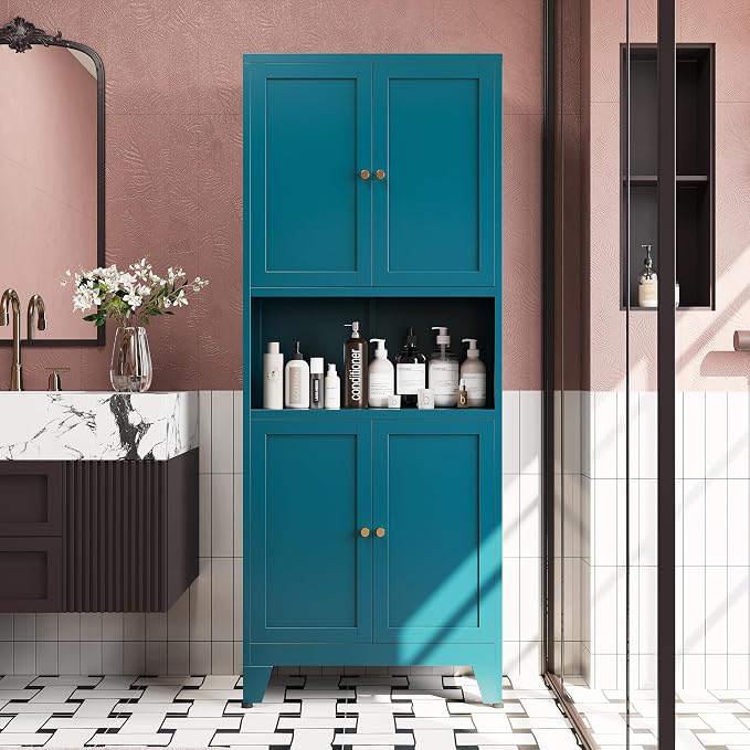 69"H Metal Pantry Cabinet with Microwave Stand,Tall Kitchen Storage Cabinets,Blue Food Pantry Cabinet with 4 Doors and Shelves, Large Hutch Cabinets for Kitchen, Dining Room, Living Room and Bathroom