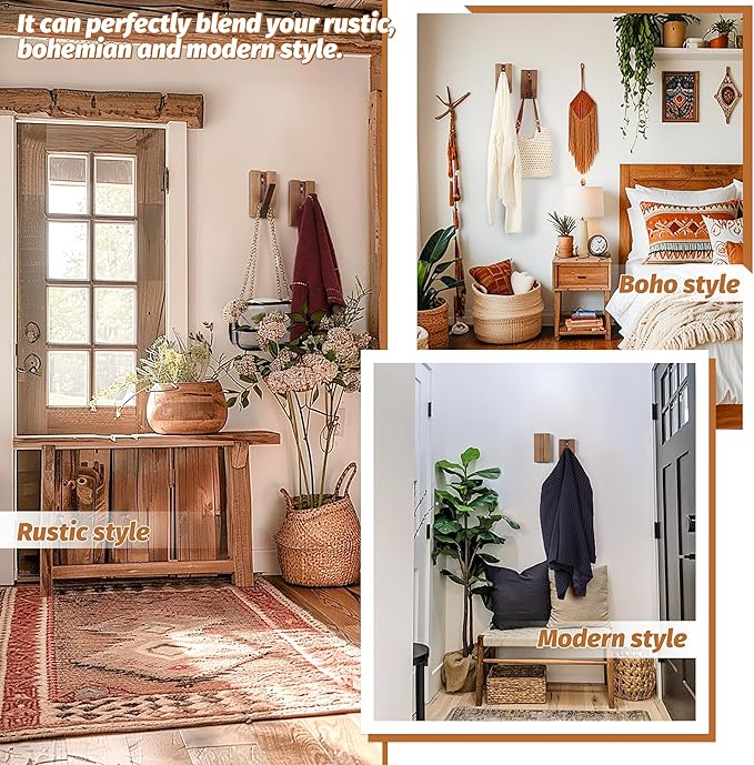 Wood Wall Hooks for Bathroom | 2Pack Foldable Coat Hooks for Rustic Hanging Towels Bags Coats, Space Saving Minimalist Design for Aesthetic Homeowner