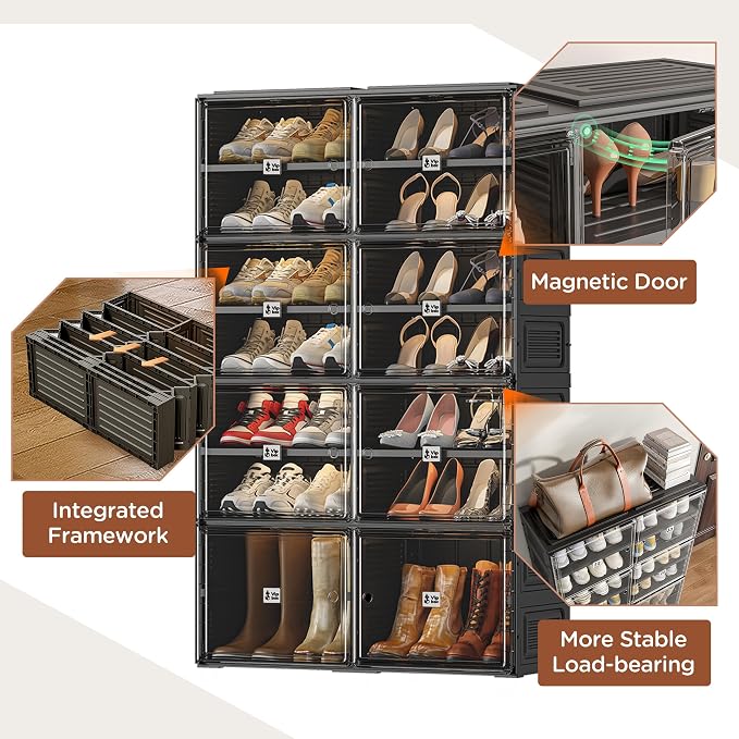 Black Shoe Rack Organizer Cabinet for Closet Entryway,Clear Shoe Storage Boxes Stackable Sneaker Storage with Door Easy Assembly Shoe Cabinet with Lids Large 7 Tiers 28 Pairs