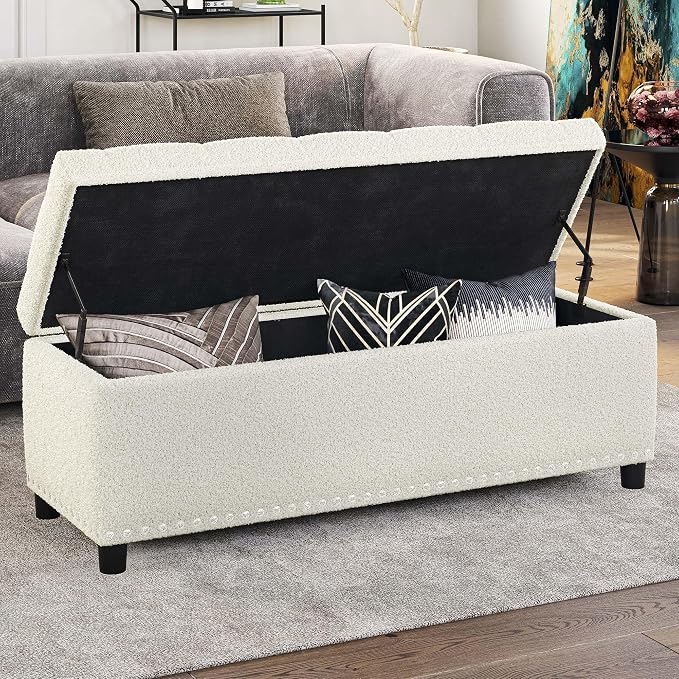 BELLEZE Storage Ottoman, Tufted Ottoman with Close Hinge, Foot Rest for Living Room (White, 47 inch)