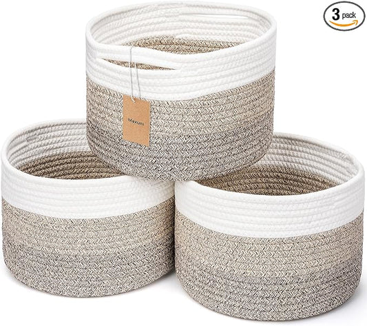 3 Pack Small Rope Storage Baskets, 9.82×9.82×7.1", Mixed Brown | Cotton Basket for Gifts Empty, Cute Round Woven Basket, Decorative Shelf Basket Organizer, Organizing Basket for Shelves