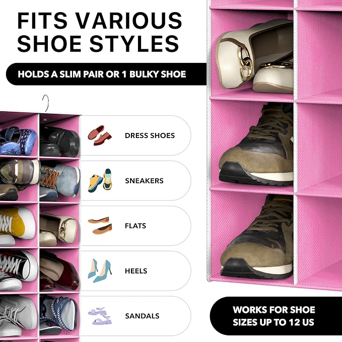 Simple Houseware 20 Section Shelves Hanging Shoes Organizer, Pink | Dual Metal Hooks, 10 Tier, Holds Up to 20 lbs, for Narrow Space