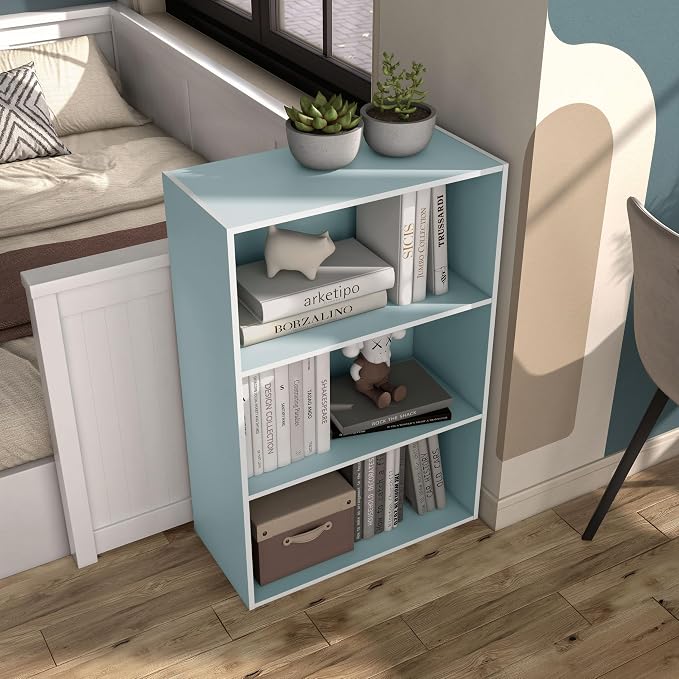 Homes: Inside + Out Apexa 3-Tier Cube Storage Organizer Shelves, Stackable Wood Bookcase Fits Cubby Bins for Organization, Dorm Teen Room Decor & Home Office, Light Blue