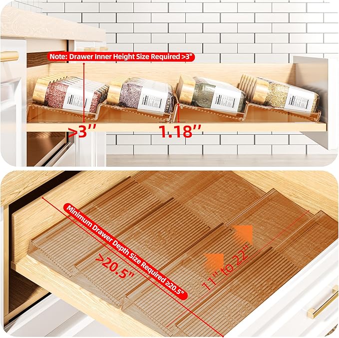 PanPanPal Spice Drawer Organizer, 4 Tier- 4 Pack Amber Acrylic Drawer Seasoning Organizer, Expandable From 11'' to 22'' Kitchen Spice Rack Organizers and Storage for Drawer (Jars not included)