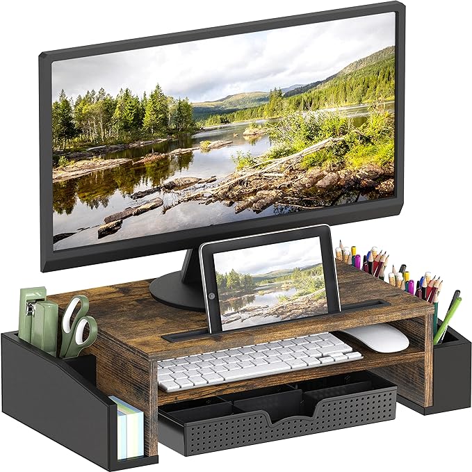 Simple Houseware Desk Monitor Stand Riser w/ Adjustable Tray, Rustic Brown | Built-In Tablet Slot and Side Storage