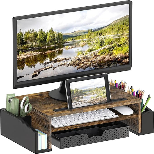 Simple Houseware Desk Monitor Stand Riser w/ Adjustable Tray, Rustic Brown | Built-In Tablet Slot and Side Storage