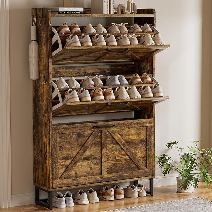 EOYUTLLY Shoe Cabinet Storage for Entryway, Narrow Shoe Rack with 3 Flip Drawers, Freestanding Hidden Shoe Rack Storage Organizer, Slim Shoe Cabinet Rustic Brown with Metal Legs