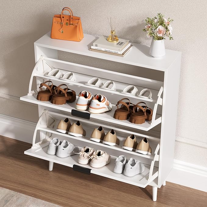 BORNOON Shoe Cabinet for Entryway with 2 Flip Drawers, Slim Wooden Shoe Storage Organizer with Modern Fluted Pannel，Freestanding Narrow Hidden Shoe Rack for Hallway, Foyer, Living Room
