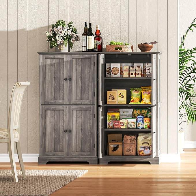 ChooChoo Bathroom Floor Cabinet with Adjustable Shelves | Bathroom Storage Cabinet, 4 Doors, Freestanding Cupboard for Living Room, Kitchen Pantry, Retro Grey