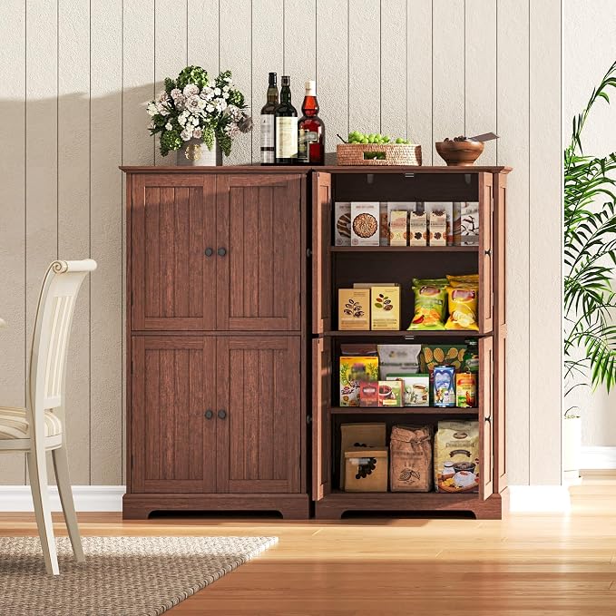 ChooChoo Bathroom Floor Cabinet with Adjustable Shelves | Bathroom Storage Cabinet, 4 Doors, Freestanding Cupboard for Living Room, Kitchen Pantry, Walnut