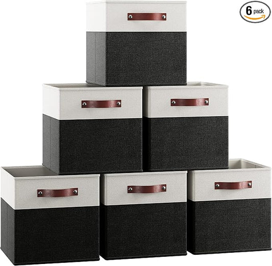 Ornavo Home 11x11 Foldable Fabric Storage Cube Bins, 6 Pack, White/Black | Collapsible Linen Shelf Basket Organizer; Leather Handles; Ideal Cube Storage For Closet