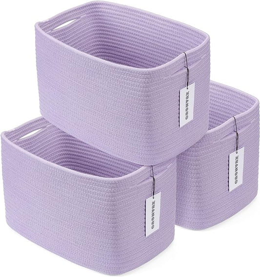 XUANGUO Woven Cotton Rope Storage Baskets 15x10x9.3" 3 Pack Purple Lavender | Decorative rectangular storage baskets for shelves and closets; storage bins organize clothes, toys, books and nursery items.