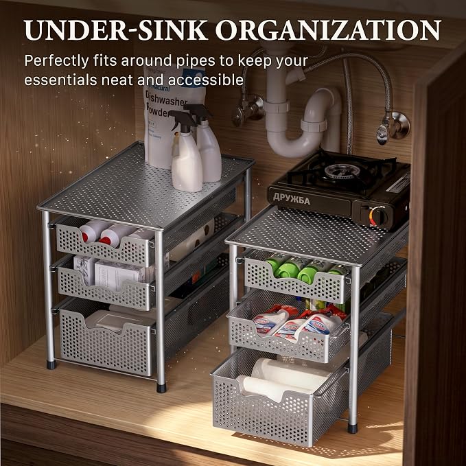 Simple Houseware Stackable 3 Tier Sliding Basket Organizer Drawer, Silver