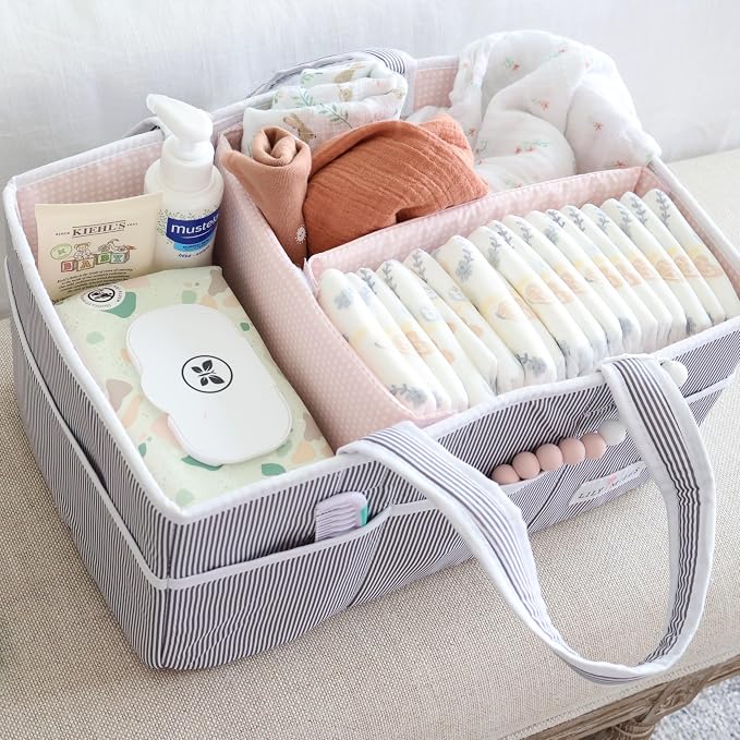 Baby Diaper Caddy Organizer, Girl Nursery Storage Basket with 8 Pockets, Baby Organizer and Storage, Easy-to-Clean Fabric, Large, Pink Blush