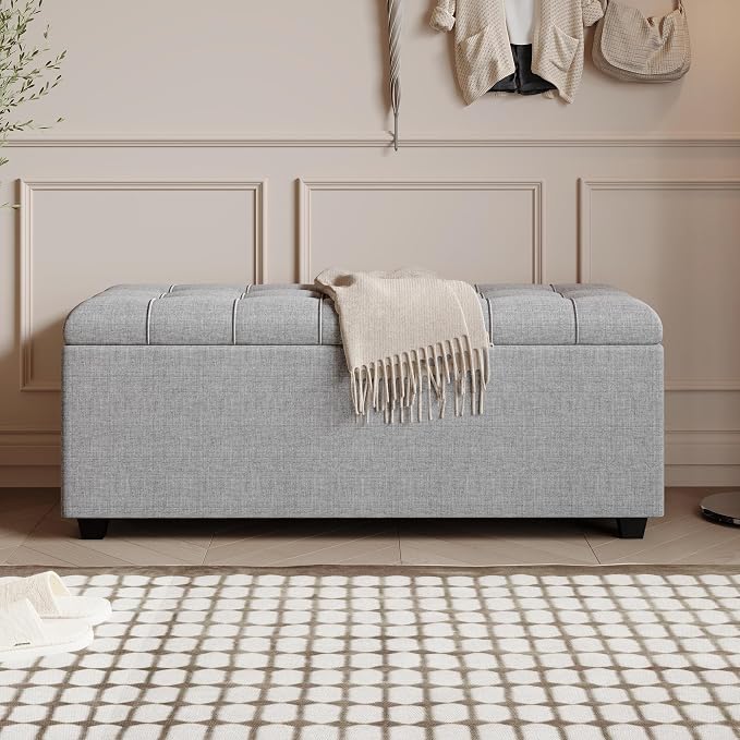 38" Grey Fabric Storage Ottoman Bench with Hinged Lid | Solid wood frame bench, 4-leg easy assembly. Use as end-of-bed, footrest, entryway seat. Hinged hidden storage, multi-use.