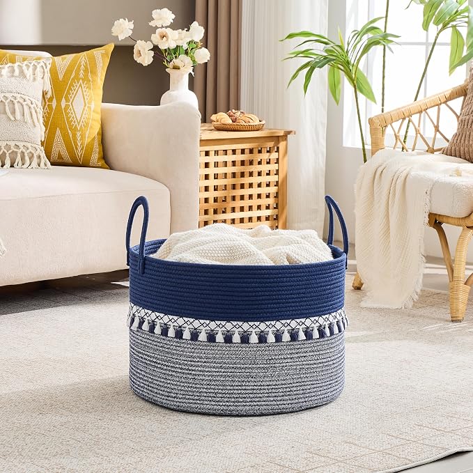 KAKAMAY Large Blanket Basket with Handles, Storage Basket for Living Room | Extra Large Capacity | Natural Cotton Rope | Blanket Storage | Woven Storage Basket | Stuffed Animal Storage | Laundry Basket