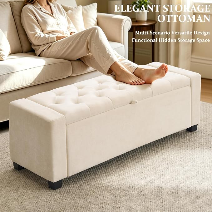 Royal Windsor 48" Ottoman with Storage,Tufted Storage Bench with Safety Hinge,Holds up to 350 lb,Upholstered Bench with Seating for Bedroom,Living Room,Entryway,Linen Beige