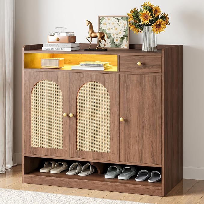 LIKIMIO Rattan Shoe Cabinet with 6-Tier Storage, 3 Doors & LED Light | 30 Pairs Shoe Storage Cabinet with Drawer, Adjustable Shelves, Shoe Rack Organizer for Entryway, Living Room, Walnut
