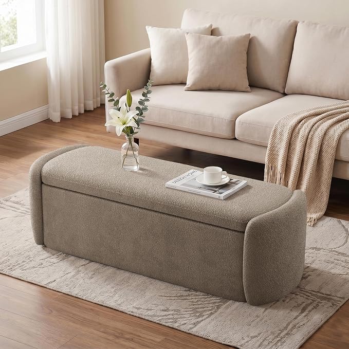 VKNOW Storage Bench, Upholstered Storage Ottoman Bench with Hinge, Brown | Ottoman Bench with Large Capacity, Curved Frame, King Size Bench, Storage Bench for Bedroom, Living Room, Entryway, Window