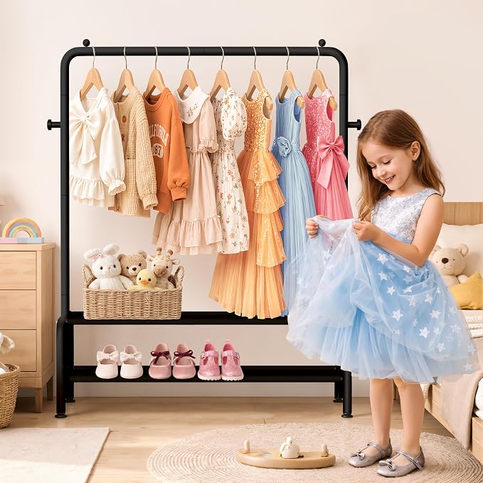 mirolam Kids Clothing Rack - Small Garment Rack - Small Kids Costume Wardrobe Rack with 2 Fabric Floors Storage Shelf - Mini Short Baby Toddler Clothes Rack