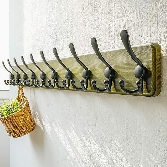 Coat Rack Wall - Heavy-Duty 38-1/4" Long, with Reinforced 10 Custom Tri-Hooks, Solid Wood Wall Hanger for Coats Hat Jackets - Rustic Farmhouse Entryway Storage,Weathered Green & Black,Pack of 2