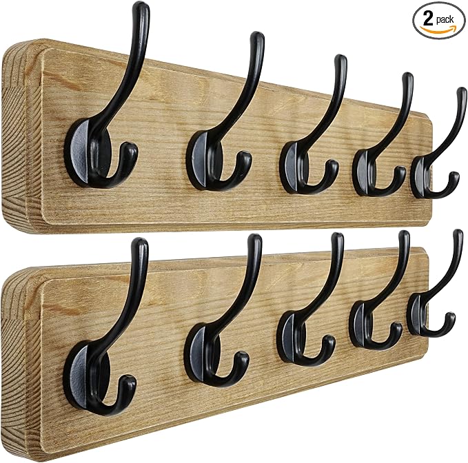 Coat Rack Wall: Patented, Heavy-Duty, 17.4" Long 5-Double-Hooks Wooden Wall Mounted Coat Rack Coat Hanger Hook Rail for Winter Coats Hat Jacket Clothing, Weathered Brown, Pack of 2