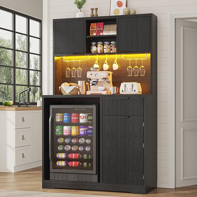 kepptory 72" Mini Fridge Cabinet with Storage, Coffee Bar Cabinet with Mini Fridge, Tall Coffee Bar Station with RGB LED Light, Wine Glass Holder, for Home Kitchen Living Room, Black