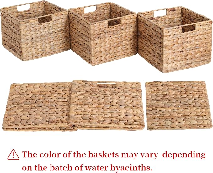 12x12x10in Water Hyacinth Storage Basket Large, Folding Cube Woven Wicker Storage Basket for Shelves, Pantry Baskets Organization and Storage, Kitchen Storage Baskets, Large Rattan Basket Set of 3