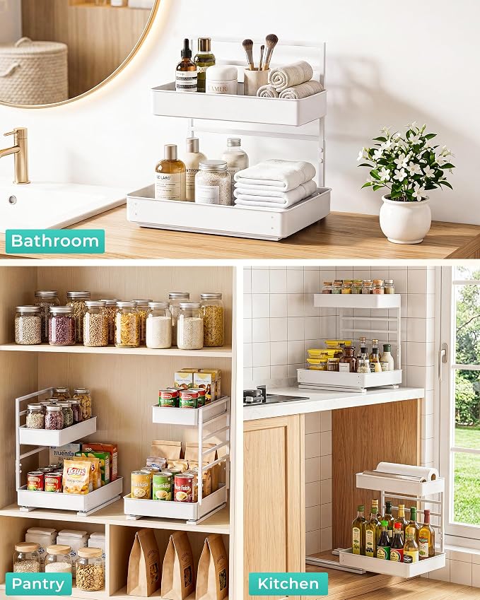 EVERIE Height Adjustable 2 Tier Metal Pull Out Slide Shelf Organizer for Framed or Frameless Under Sink Cabinets in Kitchen, Bathroom, with Snap-on Top Tray (White, 2 Sets)
