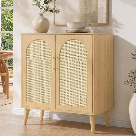 Keehusux 15.7" D Rattan Storage Cabinet with 2 Doors & Adjustable Shelf | Accent Buffet Sideboard Cabinet with Solid Wood Legs, Coffee Bar for Kitchen, Living Room, Entryway, Natural Oak