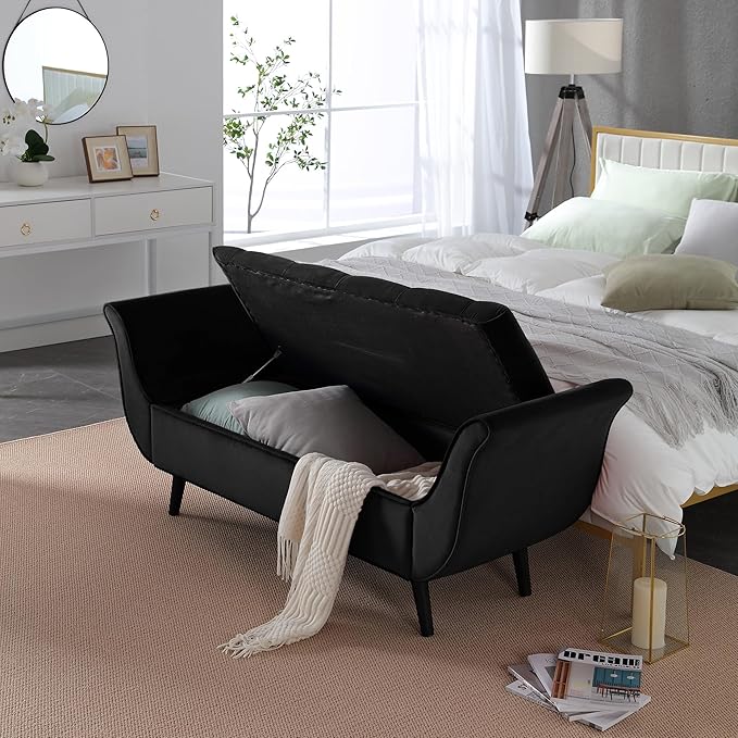 Velvet Storage Bench 65" Tufted End of Bed Ottoman with 2 Pillows (Black)