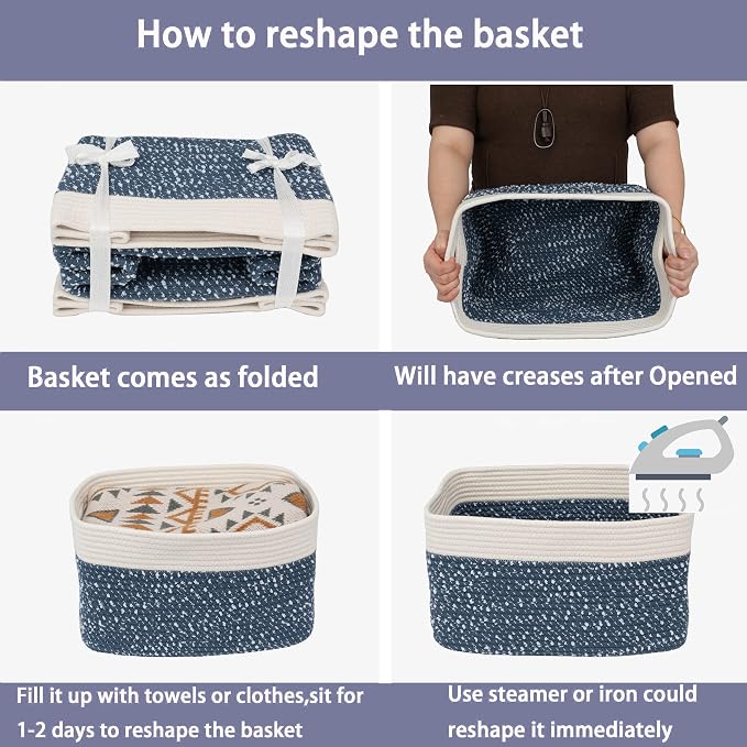 XUANGUO Woven Cotton Rope Storage Baskets 15x10x9.3" 3 Pack White and Blue | Decorative rectangular storage baskets for shelves and closets; storage bins organize clothes, toys, books and nursery items.