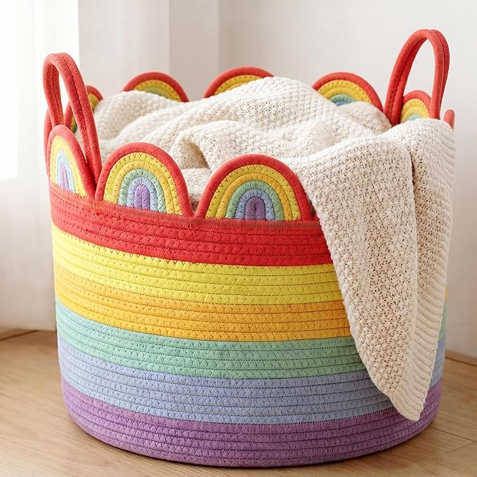 LemonRoad Bright Rainbow Round Basket Large Blanket Basket 16" X 14" Scalloped Woven Baskets Cotton Storage Baskets for Nursery Classroom Closet Blankets Storage Home Decor