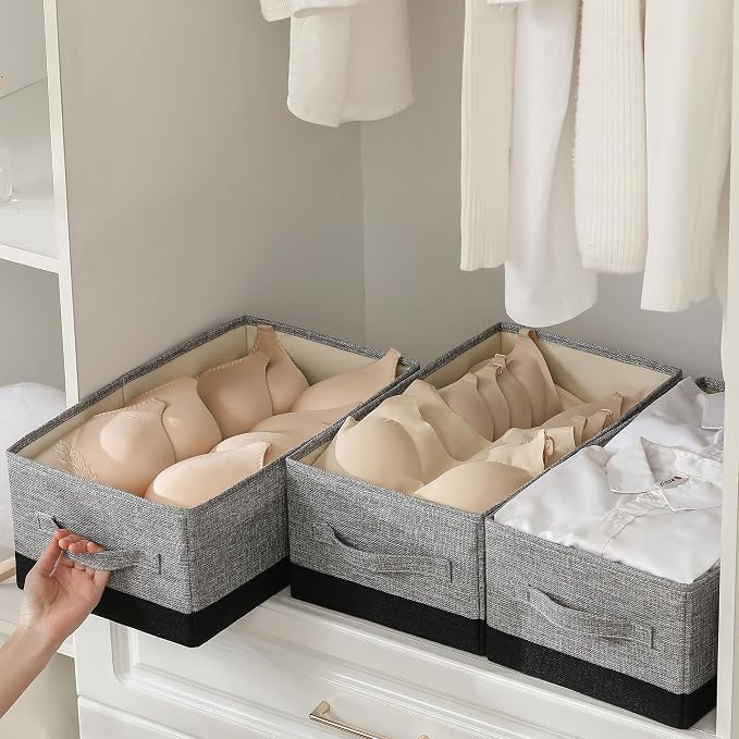 linen closet organizers and storage, 3 Pack Large Storage Baskets, Washable, Clothing Storage Bins with Handle, Closet Organizer for Storage Sweater,Sheets (gray black, 16" x9½x6¾)