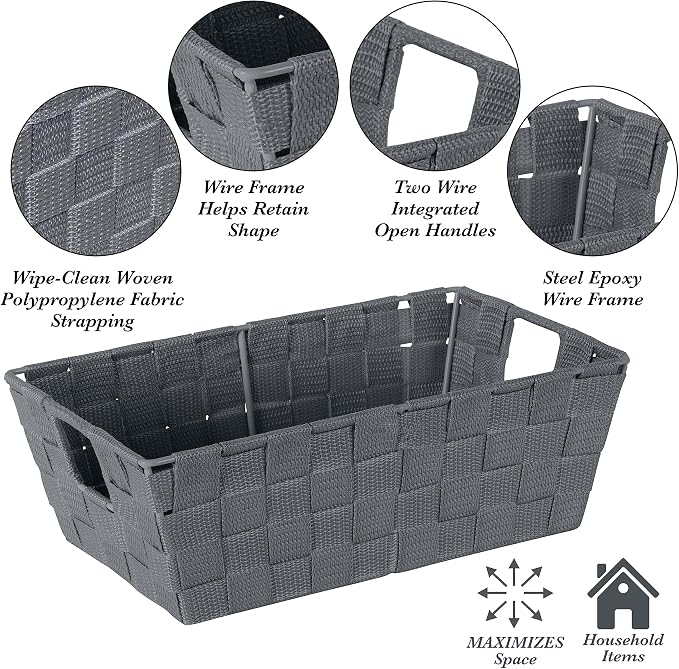 Simplify Small Shelf Woven Strap Tote | Decorative Storage Basket | Built in Handles | Organization | Closet | Bedroom | Bathroom | Nursery | Accessories | Toys | Gifts | 4 Pack | Grey