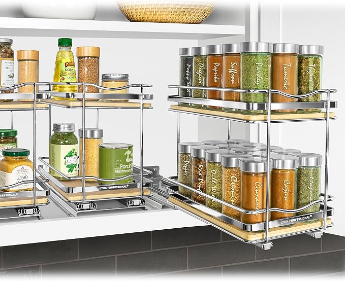 LYNK PROFESSIONAL® Élite™ Pull Out Spice Organization for Cabinets - 6-3/8 inch Wide – Spice Rack for Inside Cabinets – Wood/Chrome - Sliding Spice Rack Organizer for cabinet – Spice Rack - 2 Tier