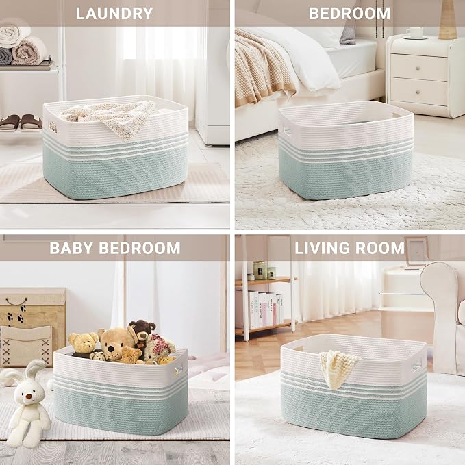 100L Extra Large Woven Laundry Basket Hamper with Handles, Green | collapsible wicker hamper, storage for dirty clothes, toys, blankets, gifts, living room, bedroom, bathroom, 24"x16"x16"