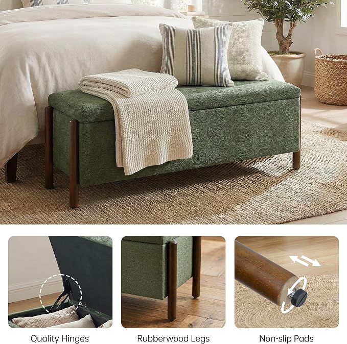 Usaint Wooden Storage Ottoman Bench, 47" Fabric Upholstered End of Storage Bench with Rubberwood Legs, Entryway Bench with Storage for Bedroom, Living Room, Reception, Cloakroom, Green