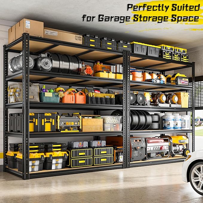 48" W Garage Shelving Heavy Duty 3080LBS Garage Storage Shelving, 5 Tier Adjustable Metal Shelving Unit Utility Rack Shelf for Warehouse, Pantry, Closet, Kitchen 72" H x 48" W x 24" D, Black,2PCS