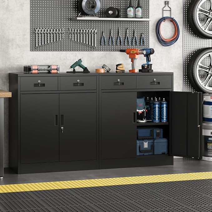 Metal Storage Cabinet, 36" Locking Cabinet with Adjustable Shelves for Garage, Office (Black, 2 Drawers)